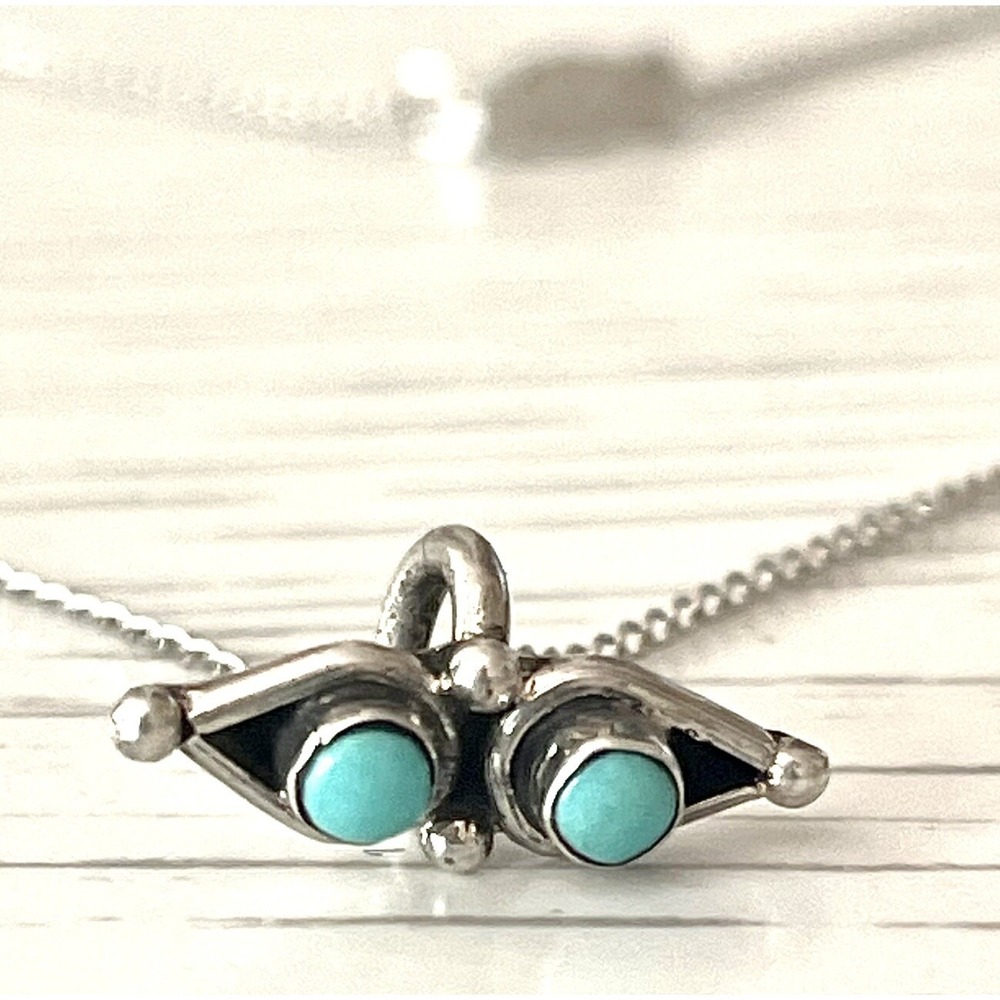 Navajo Miniature Ring Pendant Turquoise 17mm Necklace Signed 18in Sterling VTG